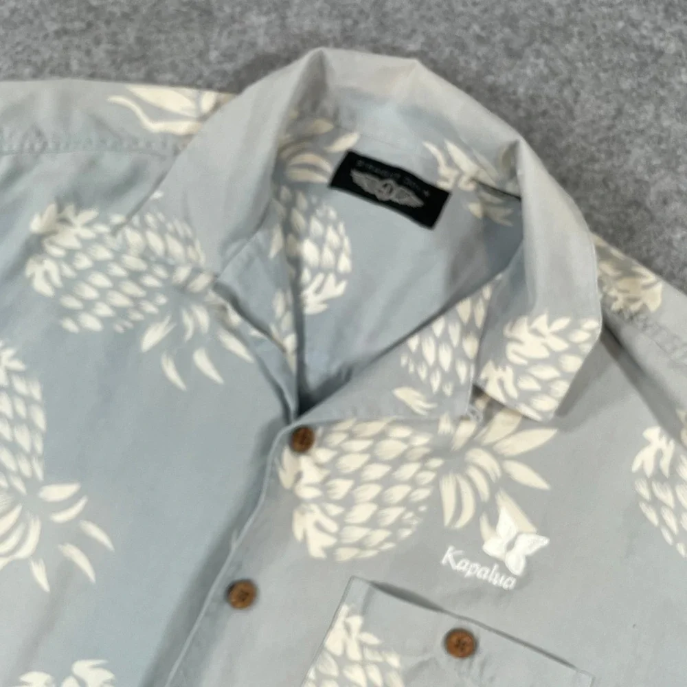Straight Down Mens Pineapple Aloha Shirt M Kapalua Embroidered Blue Grey
